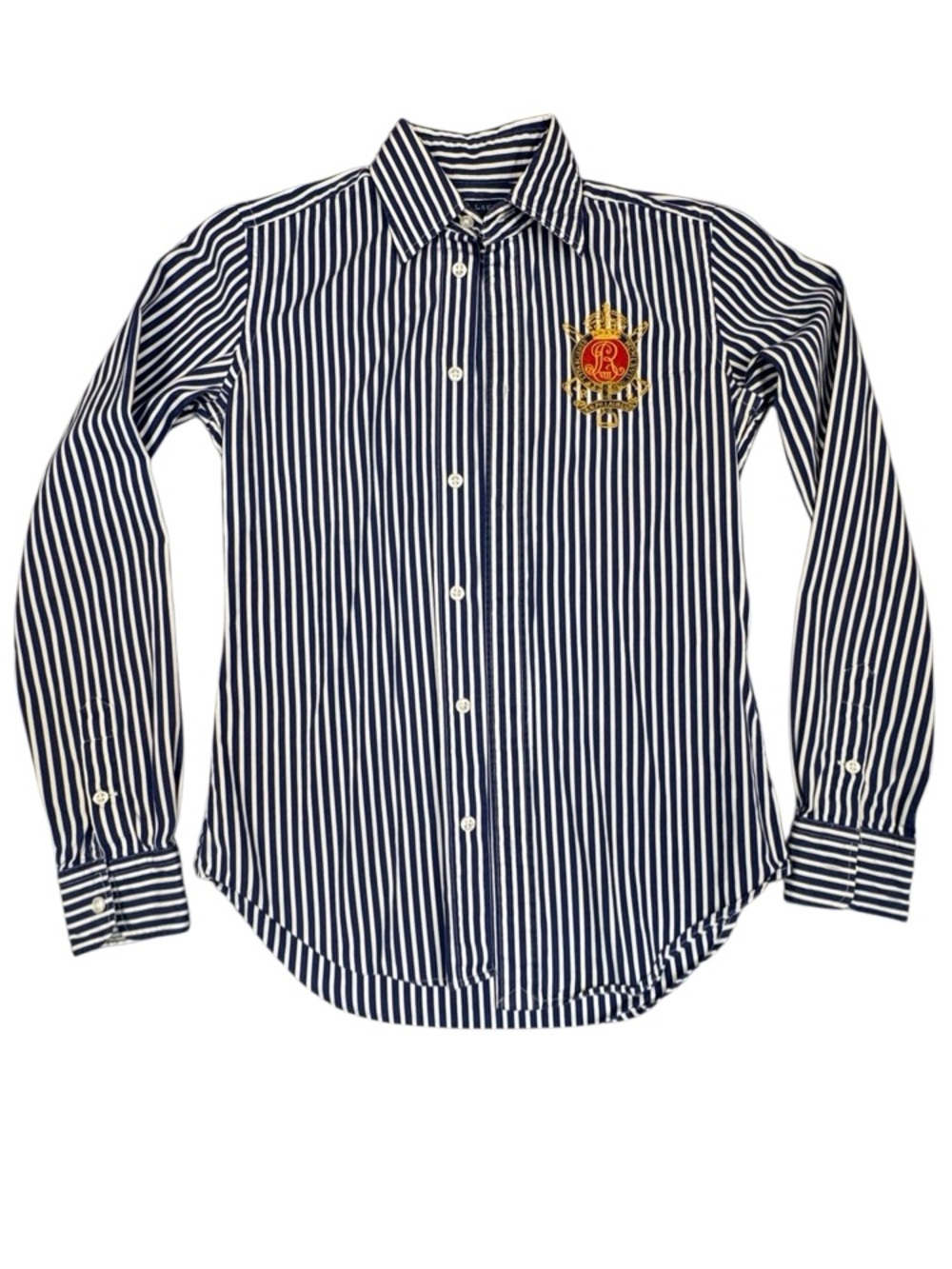 Ralph Lauren Blue White Stripe Crest Button Down Shirt Women’s Size 2 Cotton